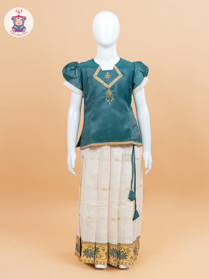 Light Green Kerala Cotton - Girls Readymade Pavadai Sattai