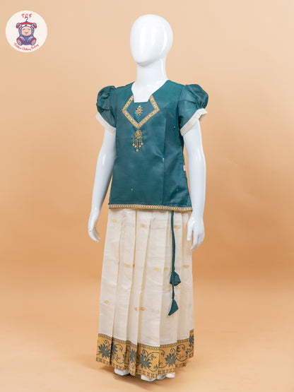 Light Green Kerala Cotton - Girls Readymade Pavadai Sattai