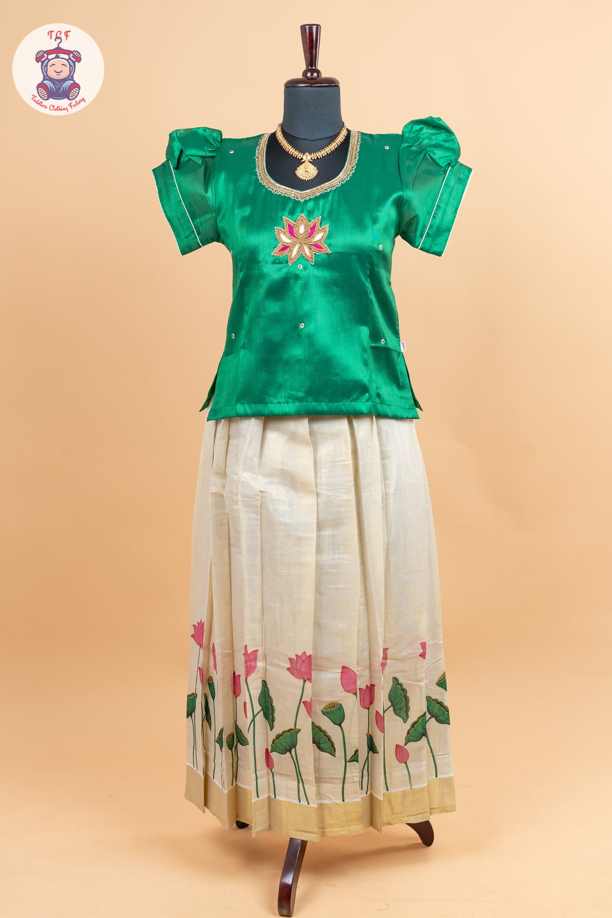 Green Kerala Cotton - Girls Readymade Pavadai Sattai