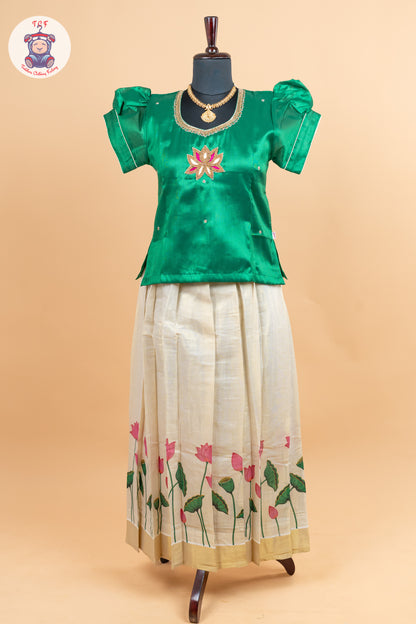 Green Kerala Cotton - Girls Readymade Pavadai Sattai