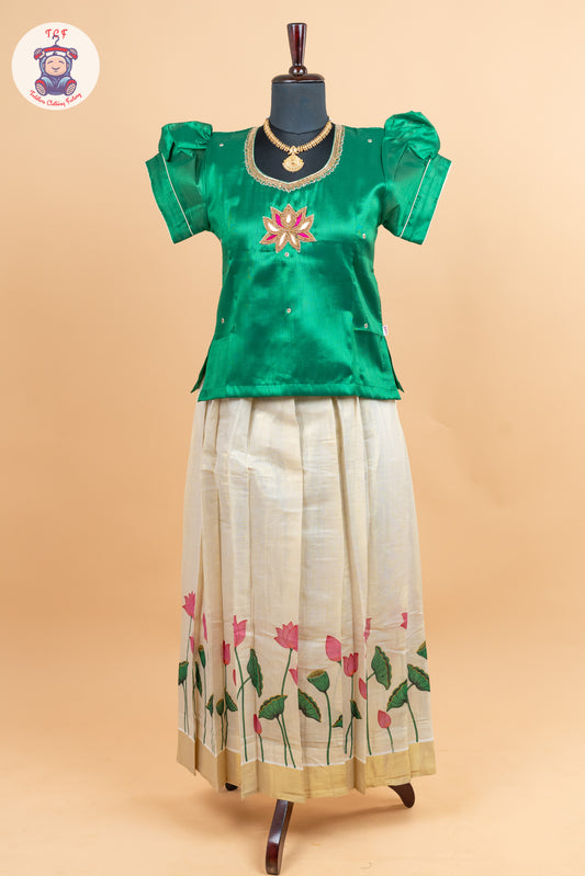 Green Kerala Cotton - Girls Readymade Pavadai Sattai