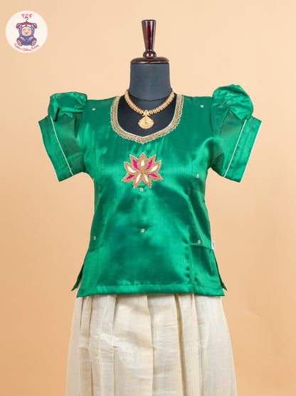 Green Kerala Cotton - Girls Readymade Pavadai Sattai