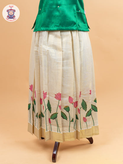 Green Kerala Cotton - Girls Readymade Pavadai Sattai