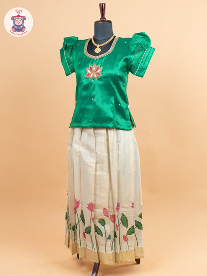 Green Kerala Cotton - Girls Readymade Pavadai Sattai