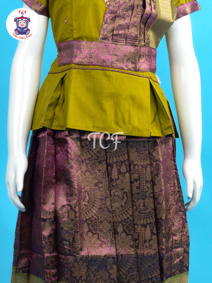 Olive Green & Pink - Girls Readymade Pavadai Sattai