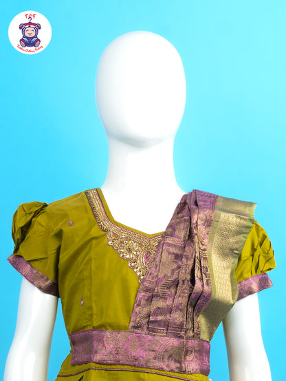 Olive Green & Pink - Girls Readymade Pavadai Sattai