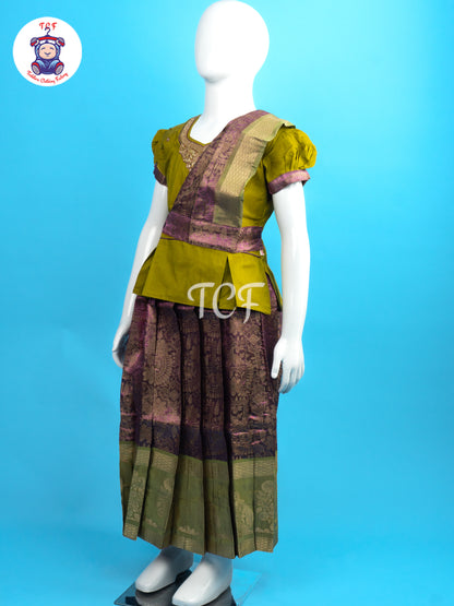 Olive Green & Pink - Girls Readymade Pavadai Sattai