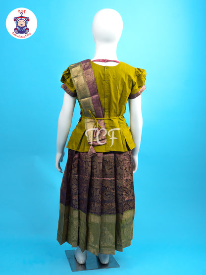 Olive Green & Pink - Girls Readymade Pavadai Sattai