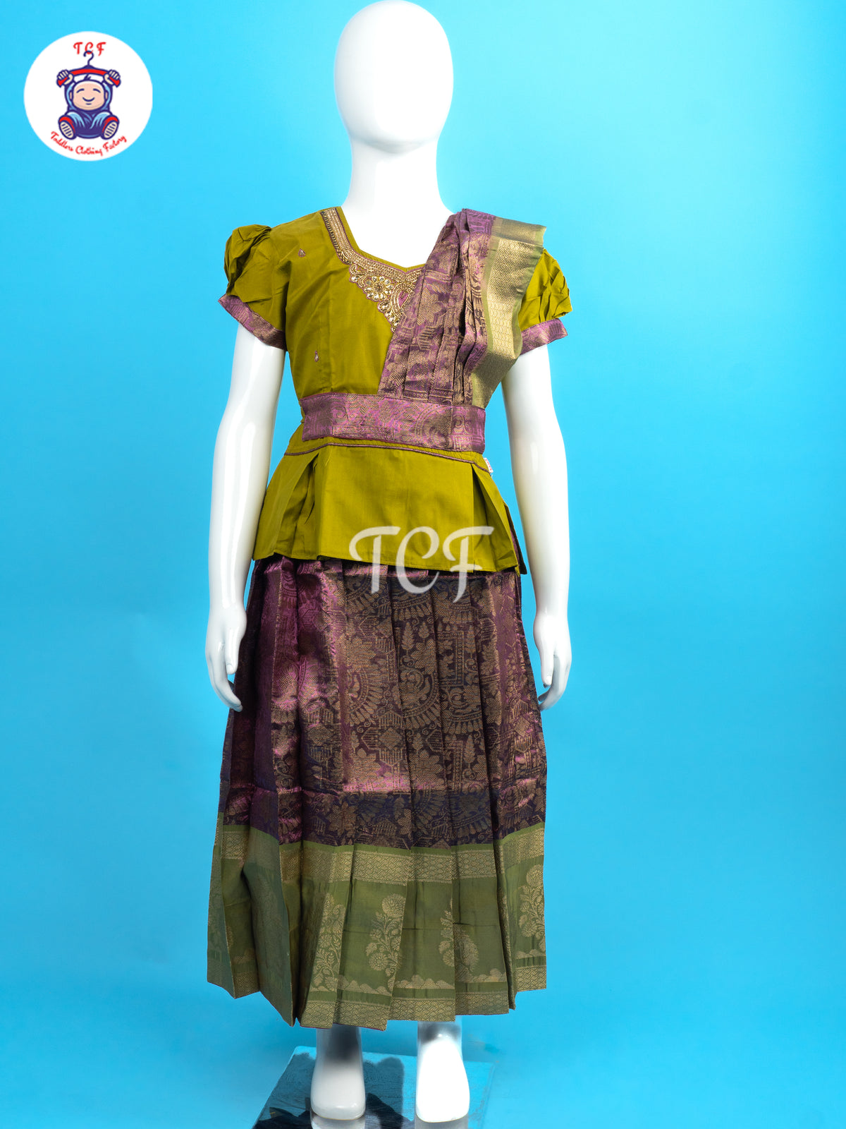 Olive Green & Pink - Girls Readymade Pavadai Sattai