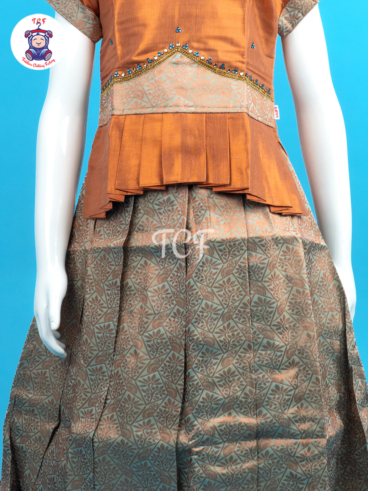 Light Orange & Green - Girls Readymade Pavadai Sattai