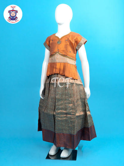 Light Orange & Green - Girls Readymade Pavadai Sattai