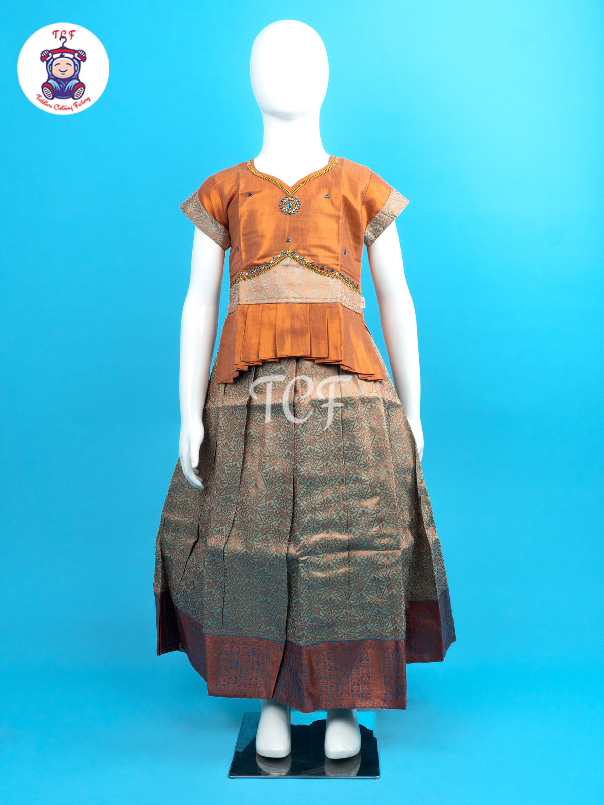 Light Orange & Green - Girls Readymade Pavadai Sattai