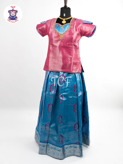 Rani Pink & Sky Blue - Girls Readymade Pavadai Sattai