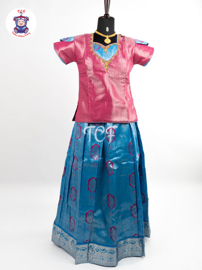 Rani Pink & Sky Blue - Girls Readymade Pavadai Sattai