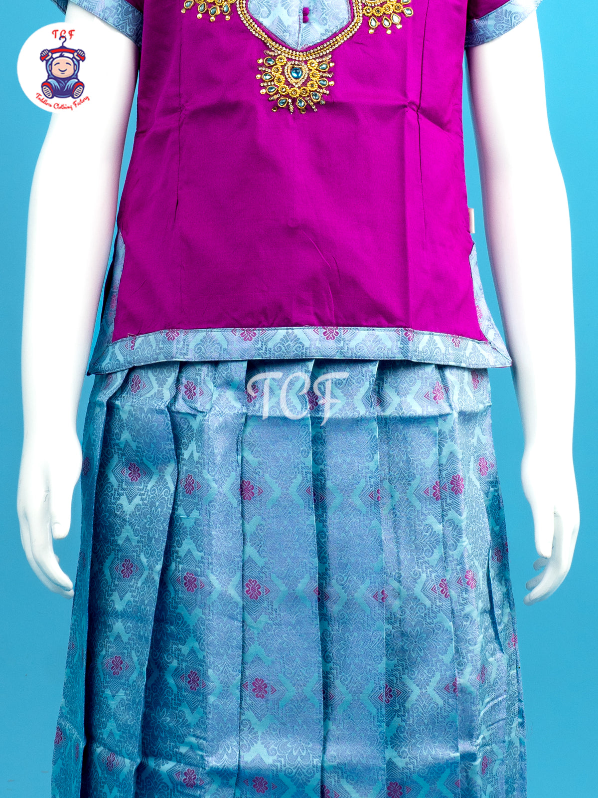 Rani Pink & Sky Blue - Girls Readymade Pavadai Sattai