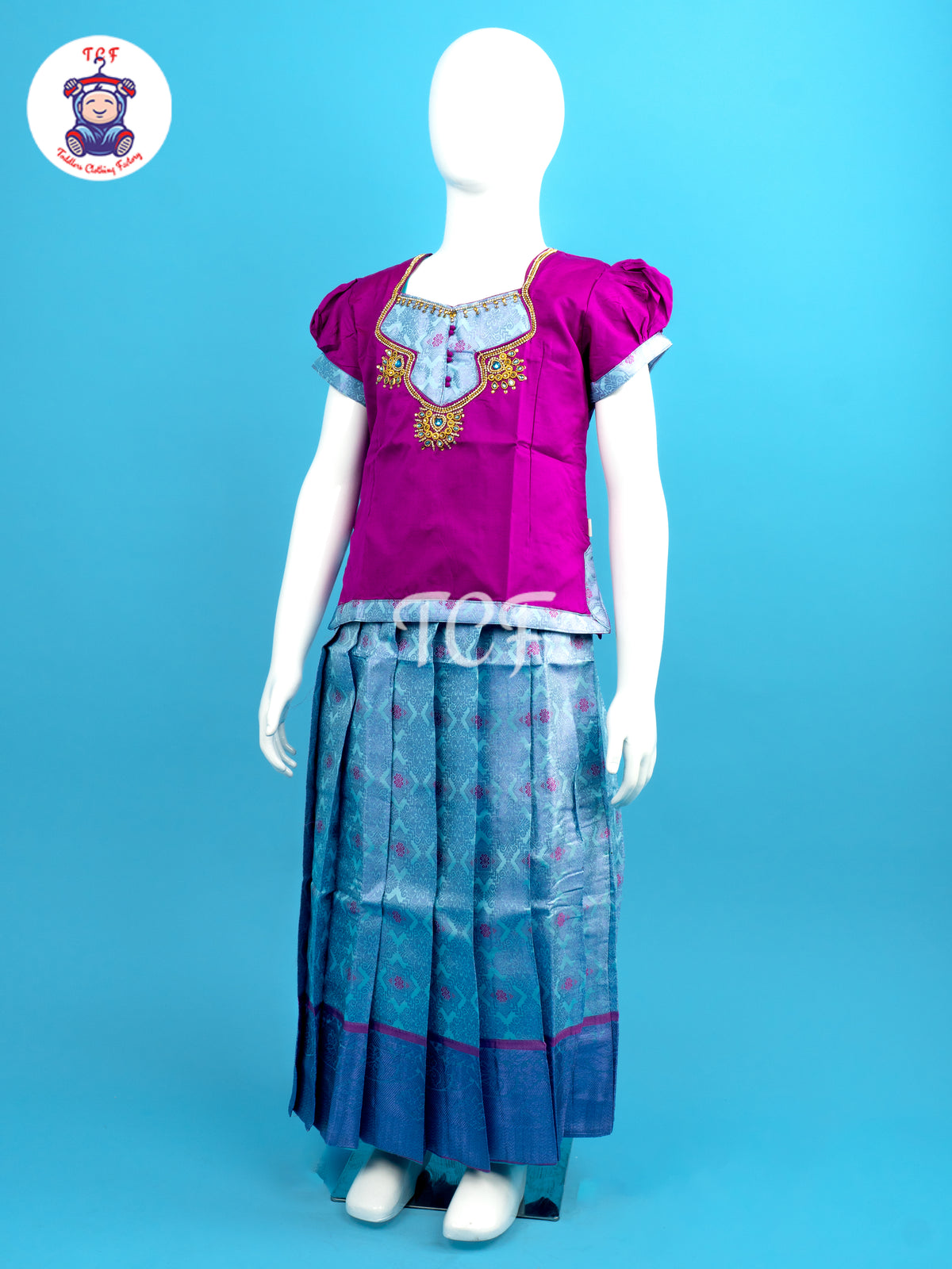 Rani Pink & Sky Blue - Girls Readymade Pavadai Sattai
