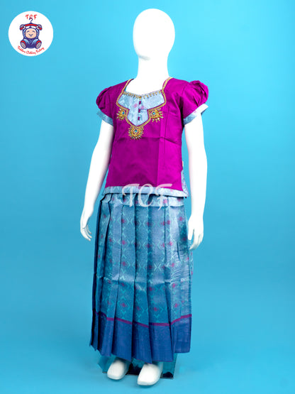 Rani Pink & Sky Blue - Girls Readymade Pavadai Sattai