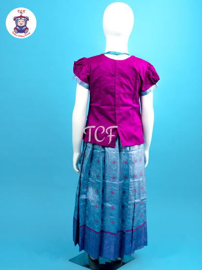 Rani Pink & Sky Blue - Girls Readymade Pavadai Sattai