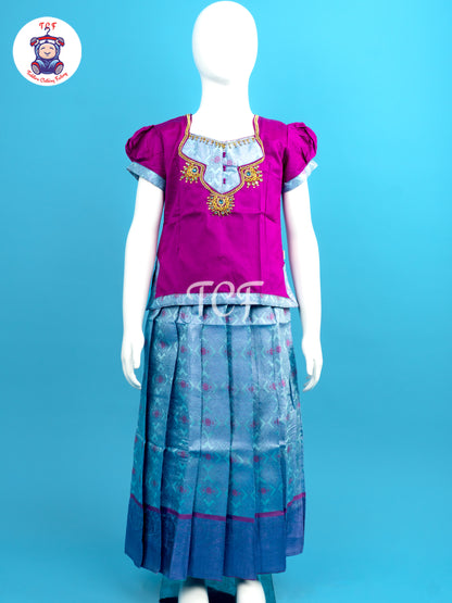 Rani Pink & Sky Blue - Girls Readymade Pavadai Sattai