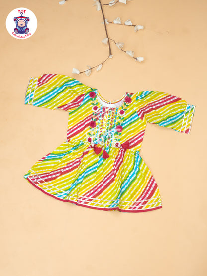 Pink & Yellow - Girls Embrodiery Bandhej Lehariya Salwar