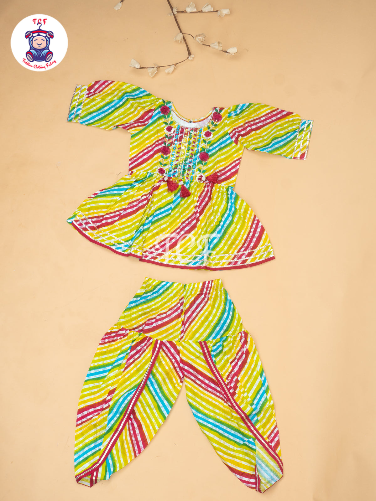 Pink & Yellow - Girls Embrodiery Bandhej Lehariya Salwar
