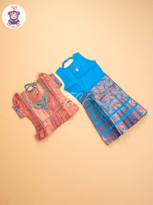 Light Brown & Sky Blue - Girls Readymade Pavadai Sattai