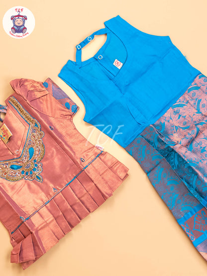 Light Brown & Sky Blue - Girls Readymade Pavadai Sattai