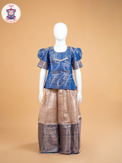 Blue & Cream - Girls Readymade Pavadai Sattai