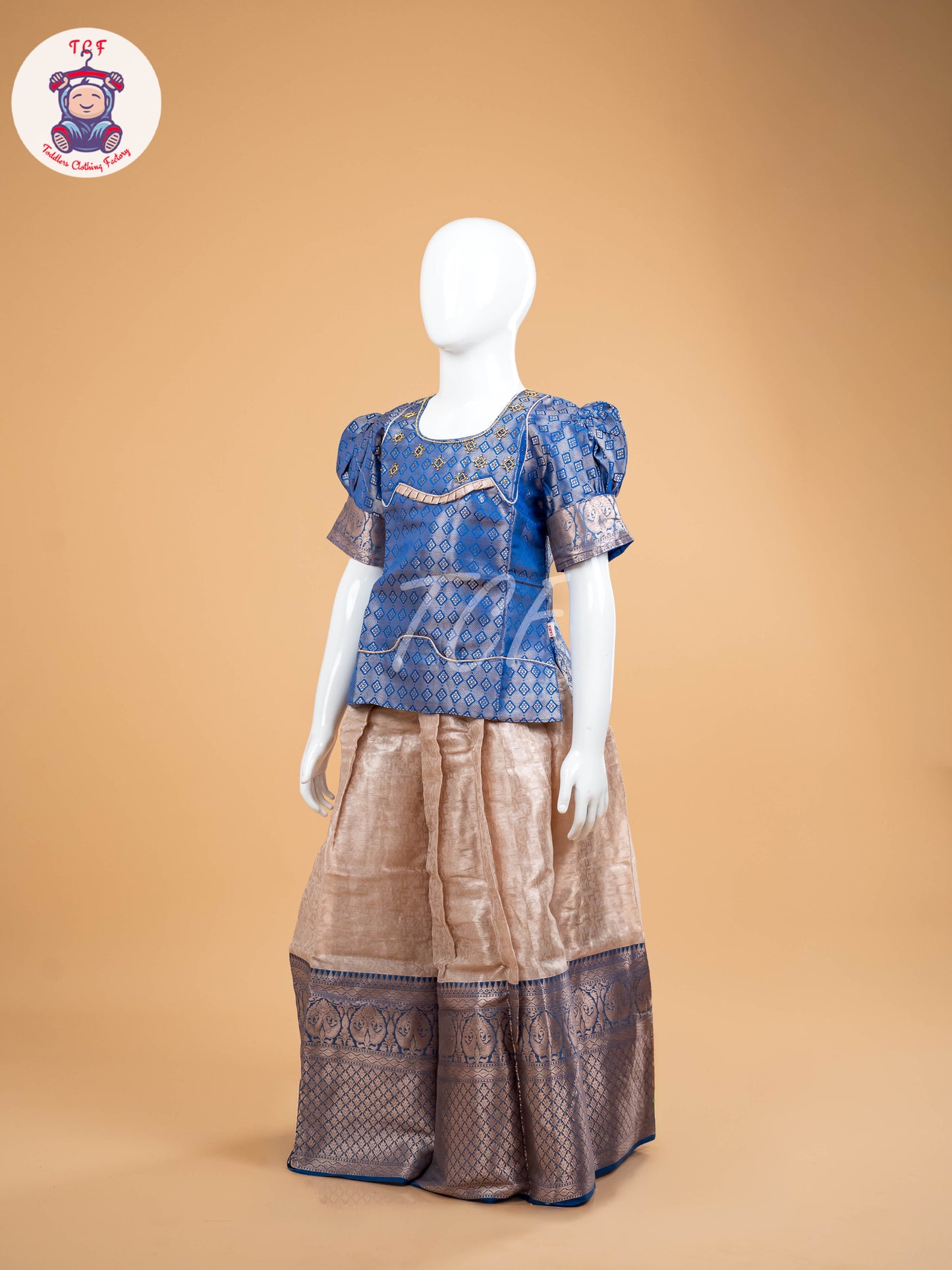 Blue & Cream - Girls Readymade Pavadai Sattai