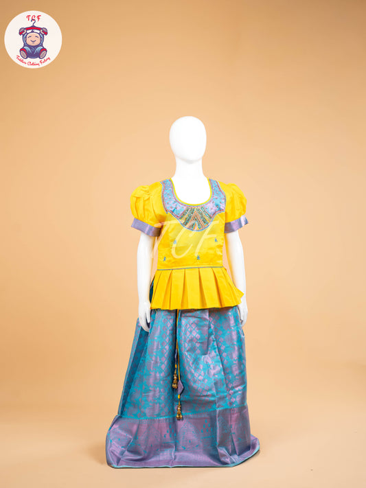 Lemon Yellow & Blue - Girls Readymade Pavadai Sattai