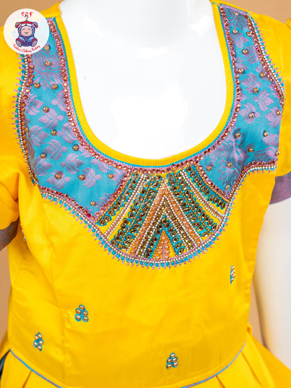 Lemon Yellow & Blue - Girls Readymade Pavadai Sattai