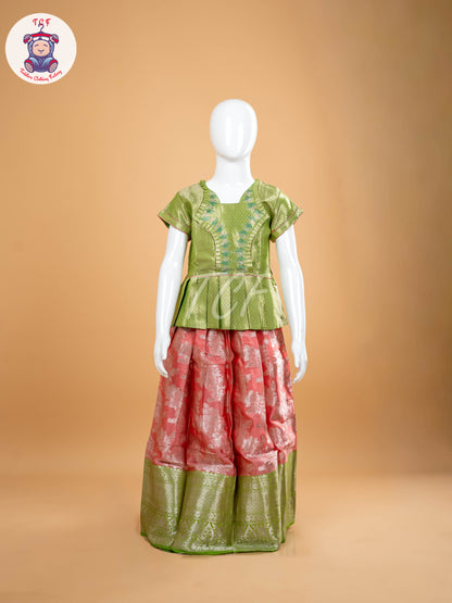 Lite Green & Baby Pink - Girls Readymade Pavadai Sattai