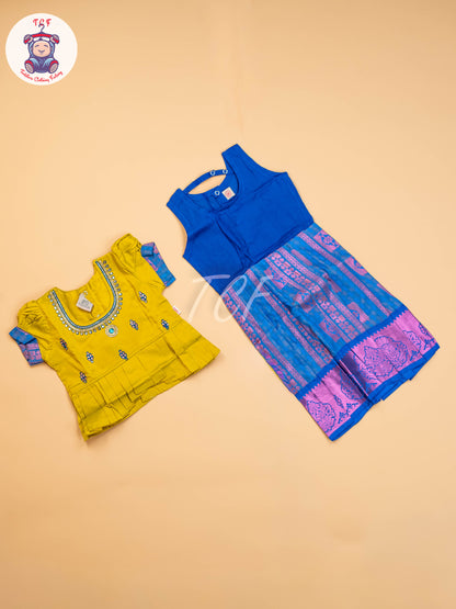 Olive Green & Blue - Girls Readymade Pavadai Sattai