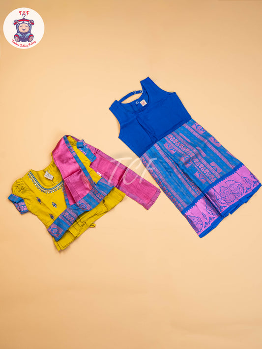 Olive Green & Blue - Girls Readymade Pavadai Sattai