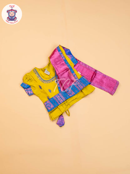 Olive Green & Blue - Girls Readymade Pavadai Sattai