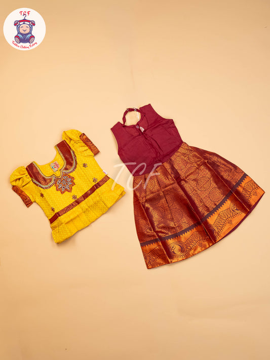 Yellow & Brown - Girls Readymade Pavadai Sattai