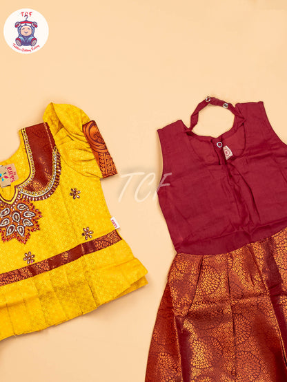 Yellow & Brown - Girls Readymade Pavadai Sattai