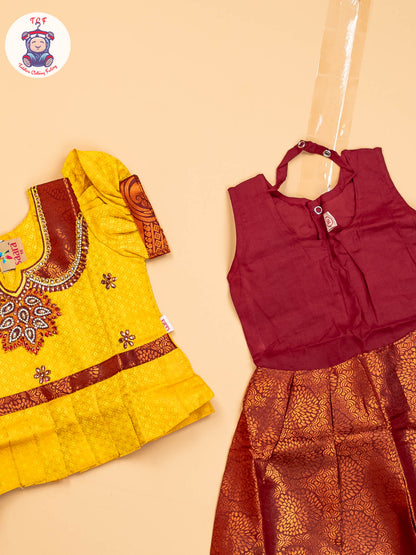 Yellow & Brown - Girls Readymade Pavadai Sattai