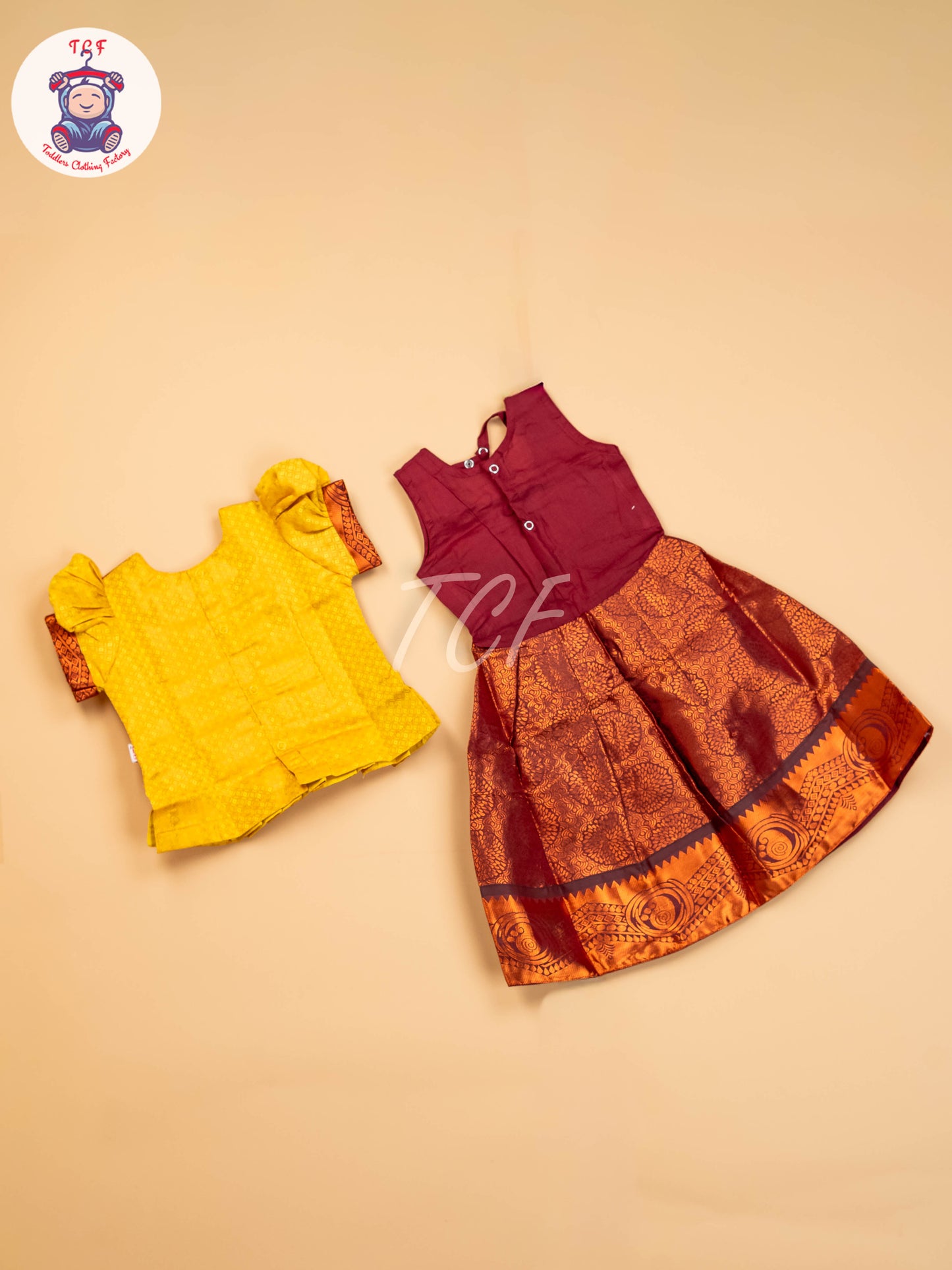 Yellow & Brown - Girls Readymade Pavadai Sattai