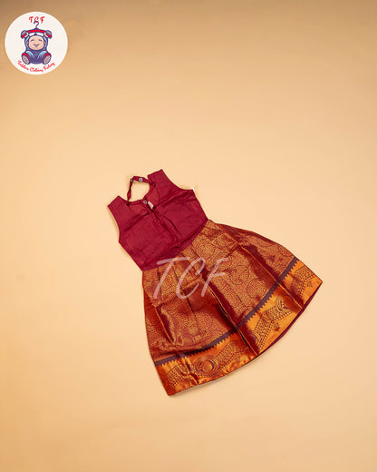 Yellow & Brown - Girls Readymade Pavadai Sattai