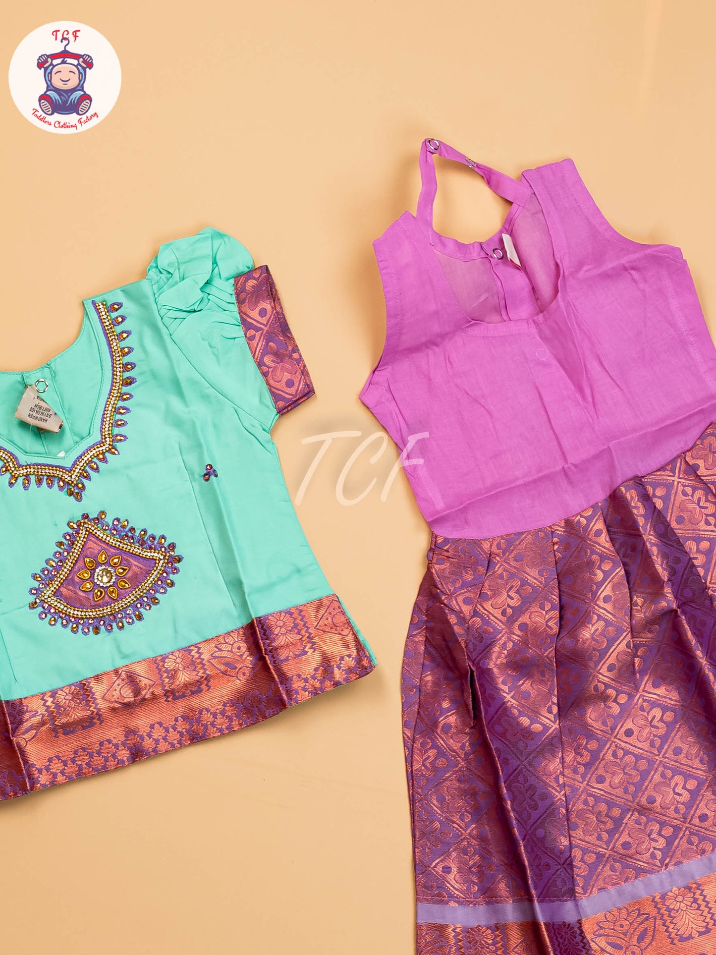 Teal Green & Lavender - Girls Readymade Pavadai Sattai