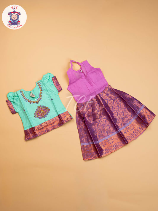 Teal Green & Lavender - Girls Readymade Pavadai Sattai