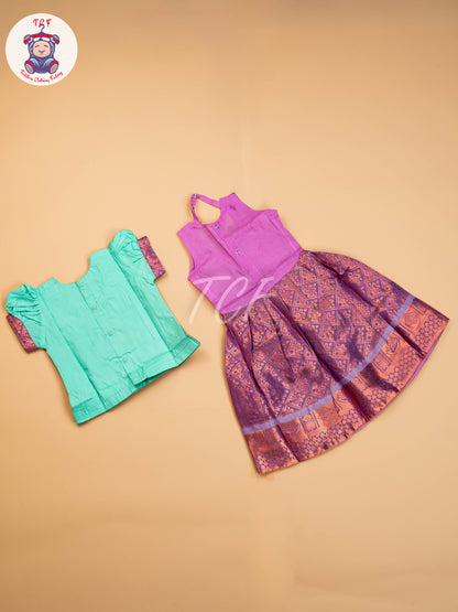 Teal Green & Lavender - Girls Readymade Pavadai Sattai