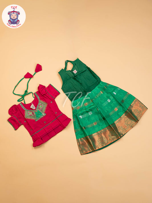 Magenta & Green - Girls Readymade Pavadai Sattai
