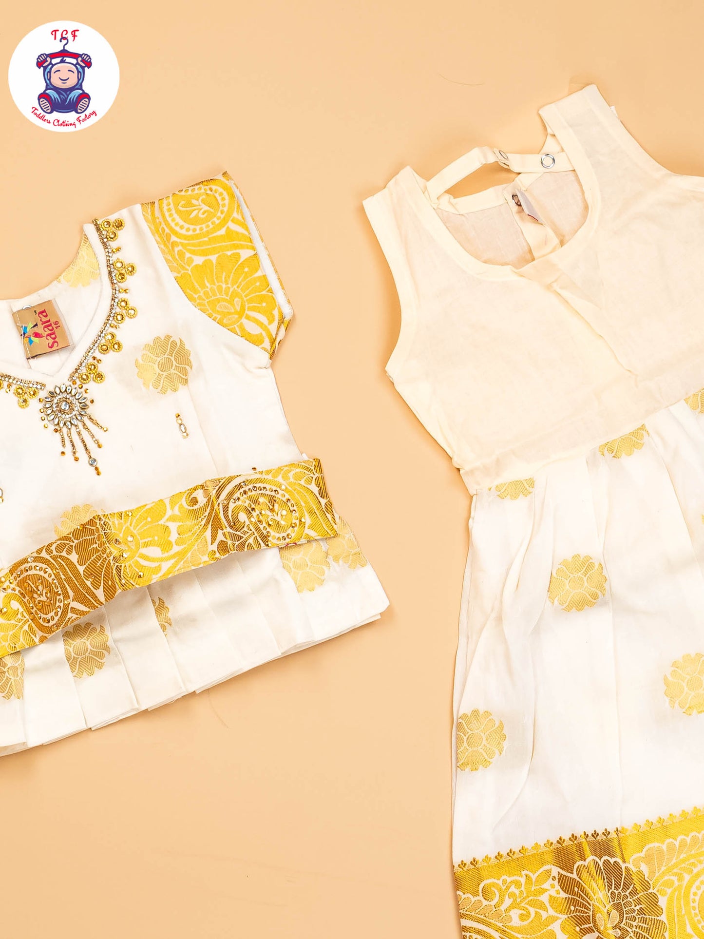 Half White & Gold - Girls Readymade Pavadai Sattai