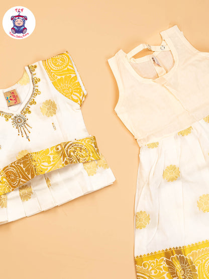 Half White & Gold - Girls Readymade Pavadai Sattai