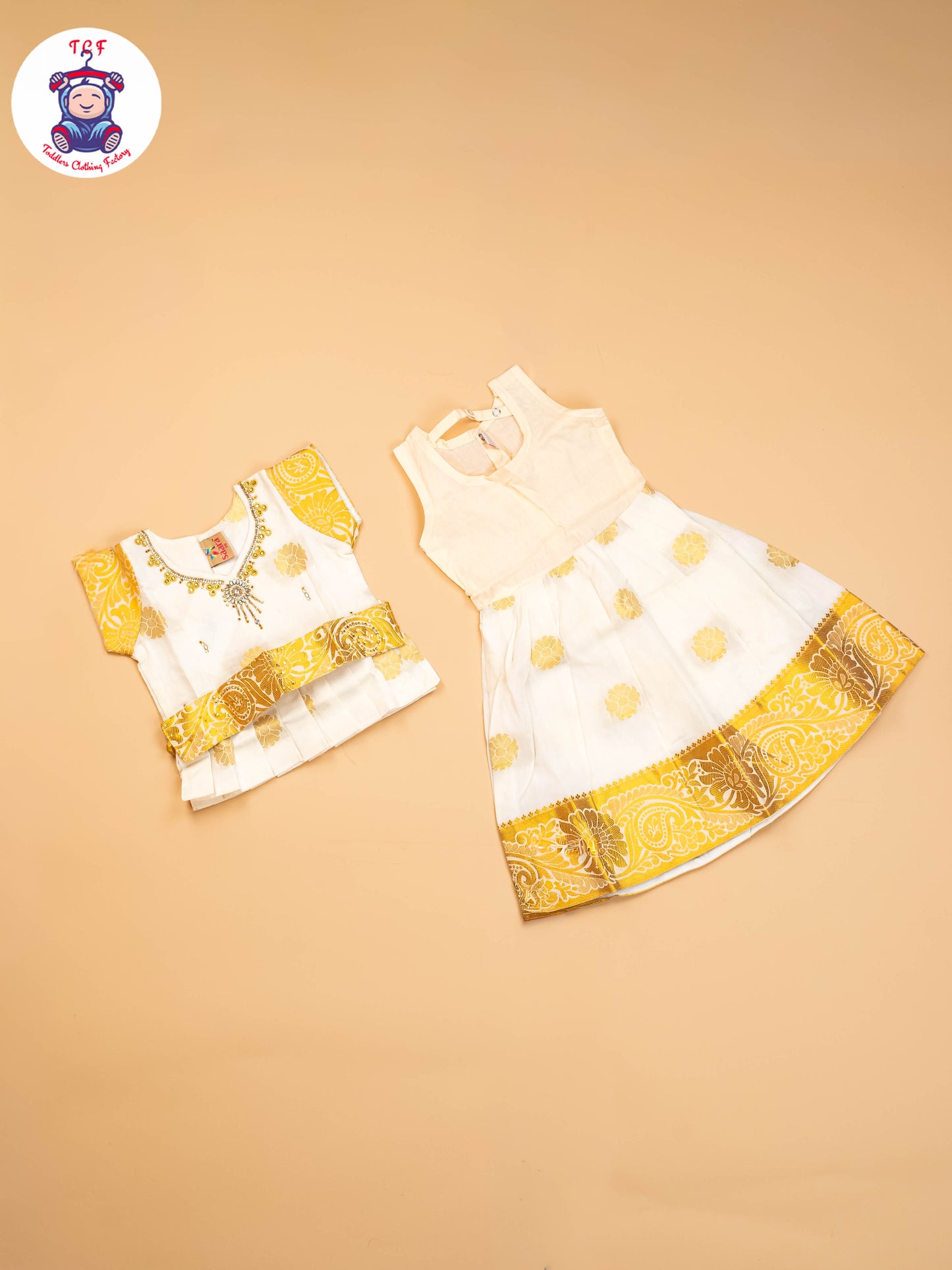Half White & Gold - Girls Readymade Pavadai Sattai