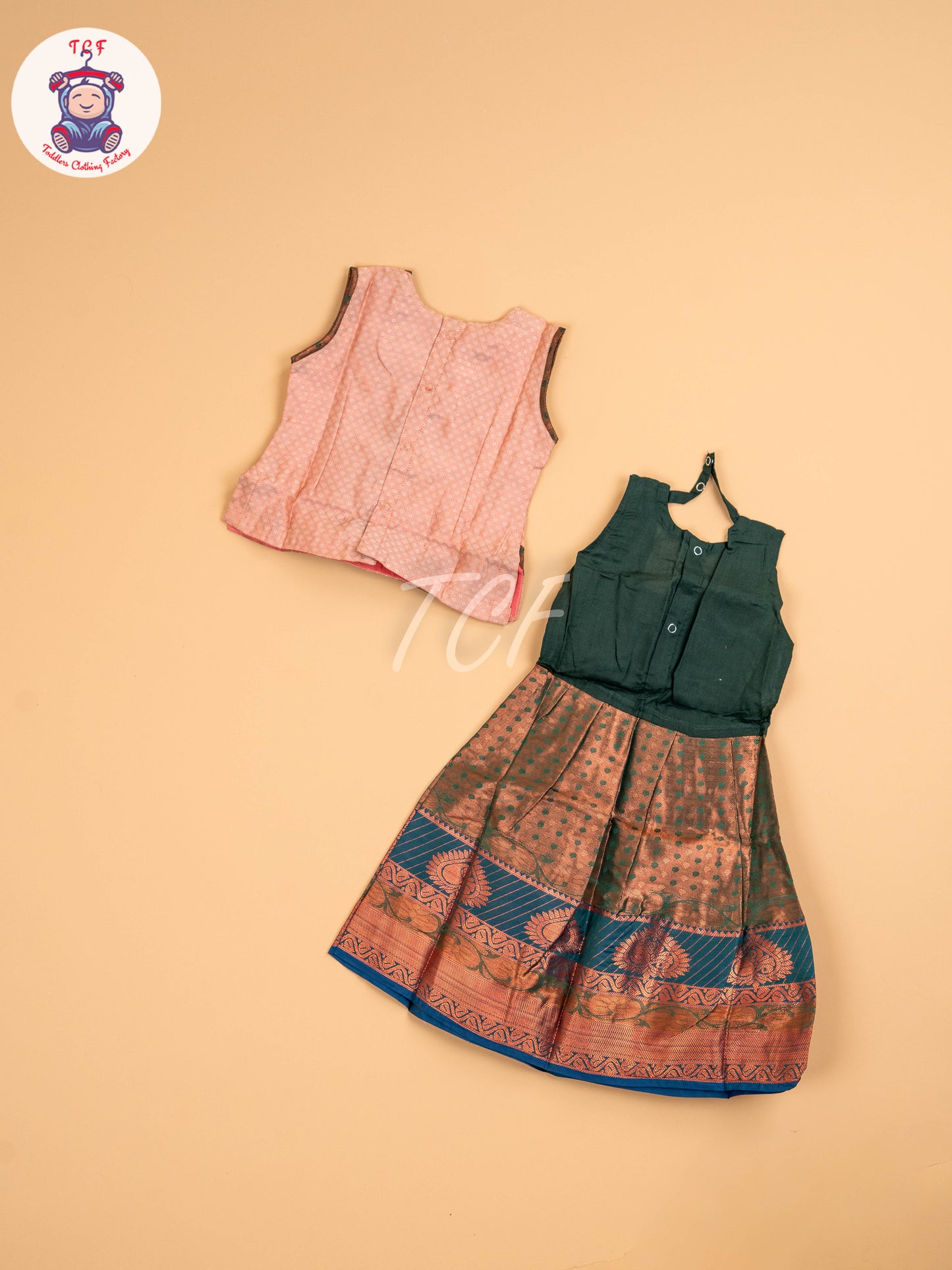 Copper & Dark Green - Girls Readymade Pavadai Sattai