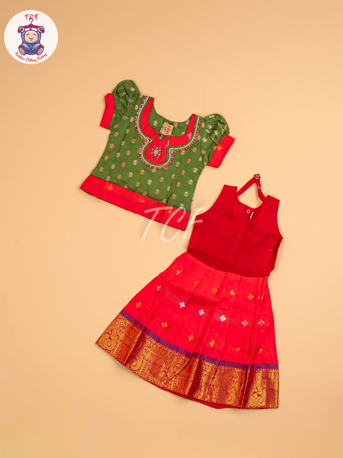 Green & Dark Pink - Girls Readymade Pavadai Sattai