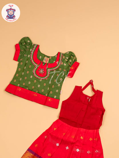 Green & Dark Pink - Girls Readymade Pavadai Sattai